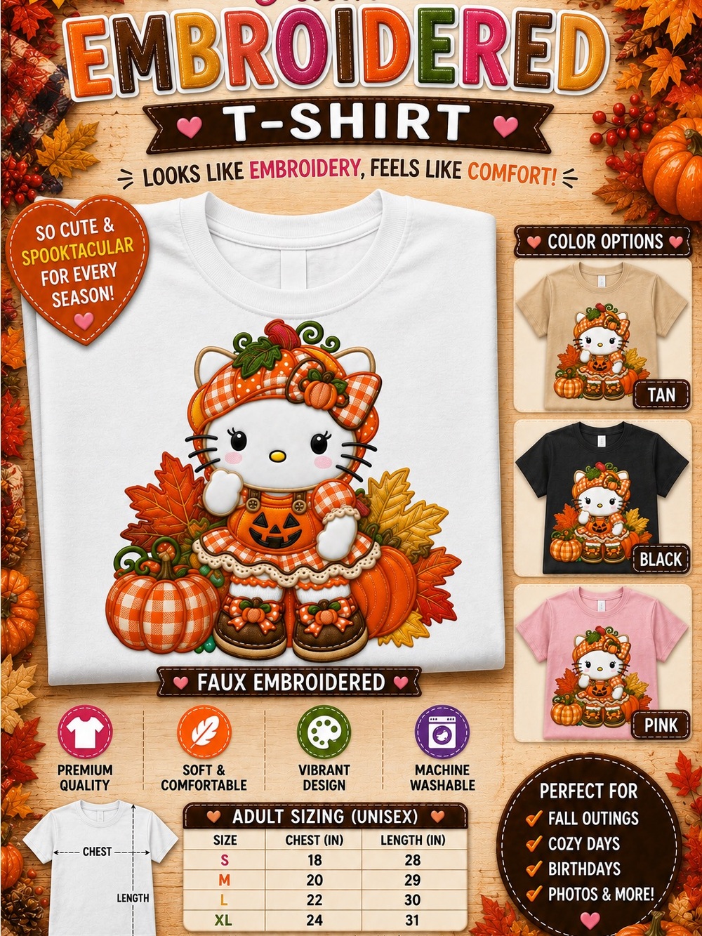 Hello Kitty Pumpkin Fall Tee in White, Orange, Green S M L XL faux embroidered